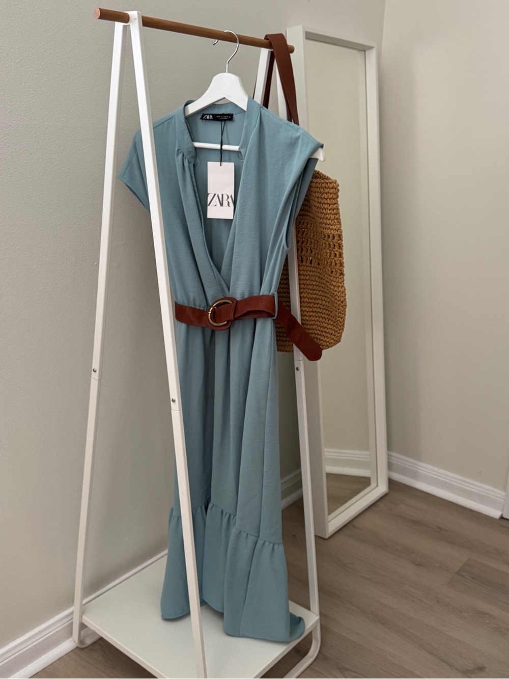 ZARA Sage Blue Sleeveless Wrap Midi Dress with Brown Belt